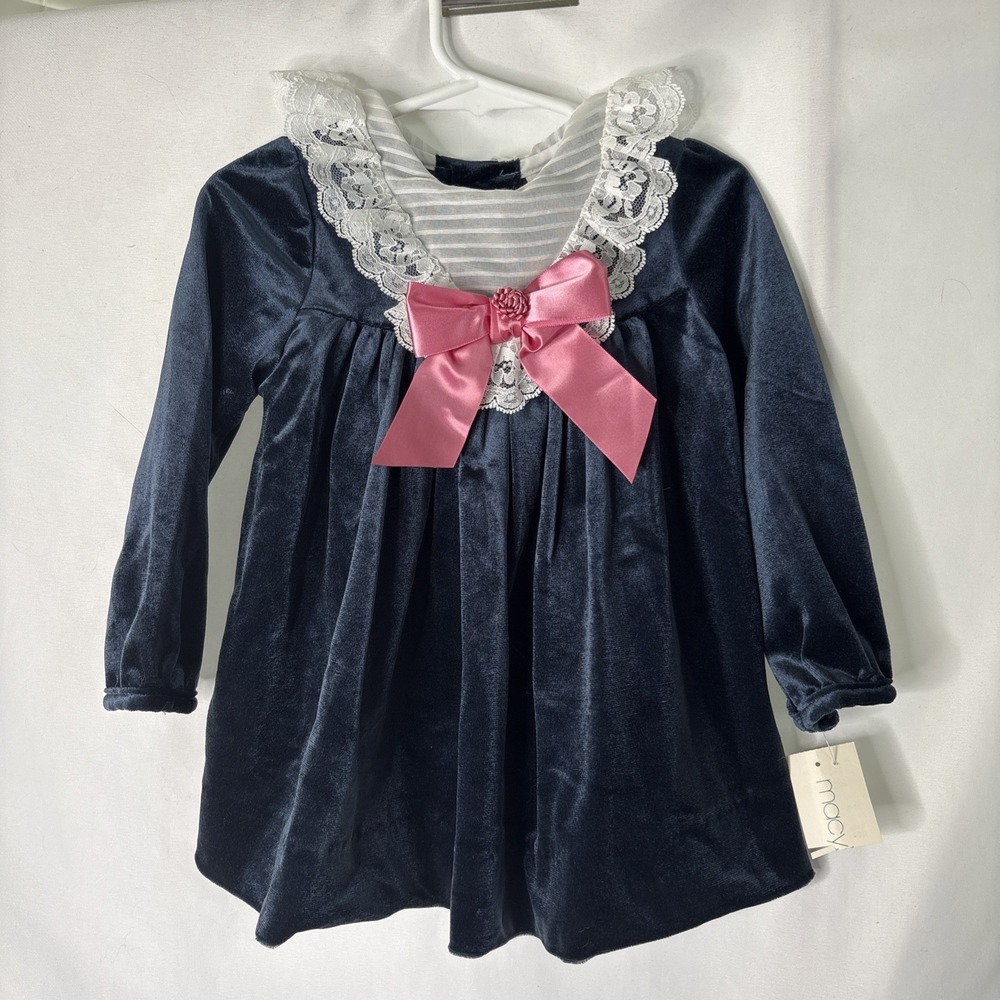 Vtg Rare Editions Blue Velvet Holiday Party Dress Lace Collar Deadstock 24M NOS
